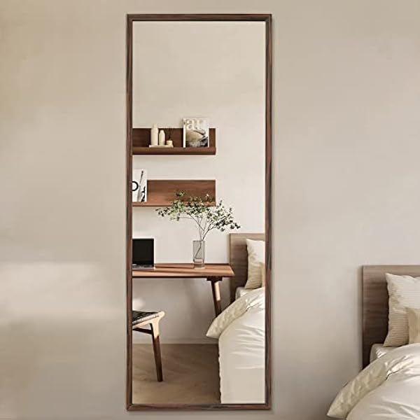 TheiaMo Houten spiegel in volledige lengte, 150 x 50 cm, vloerspiegel met staande houder, leunend en hangspiegel, houten frame, grote wandspiegel voor slaapkamer/woonkamer, bruin hout