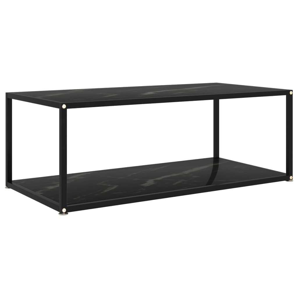 Mesa de centro negra 100 x 50 x 35 cm, vidrio templado con aspecto de mármol, diseño de 2 niveles, mesa de café moderna para salón, mesa auxiliar robusta de acero