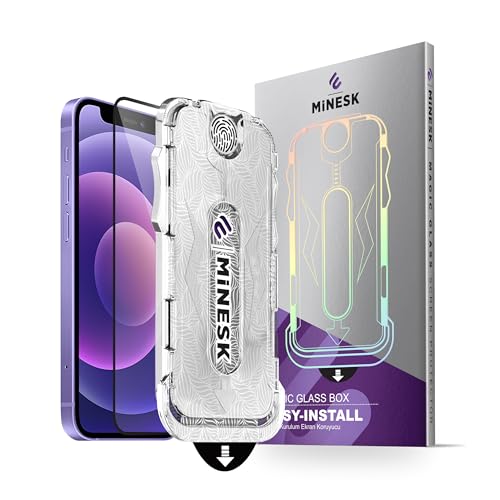 Minesk MAGIC GLASS iPhone 12-12 PRO için Otomatik Hizalama Aparatlı Ekran Koruyucu (Güçlendirilmiş Temperli Cam) Takılırken Toz Toplama Özellikli (12-12 PRO)