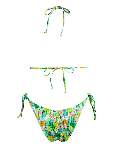 Image of Women's Triangle Bikini Set String Swimsuit Print Tie Smocked Ruched Two Piece Bathing Suit