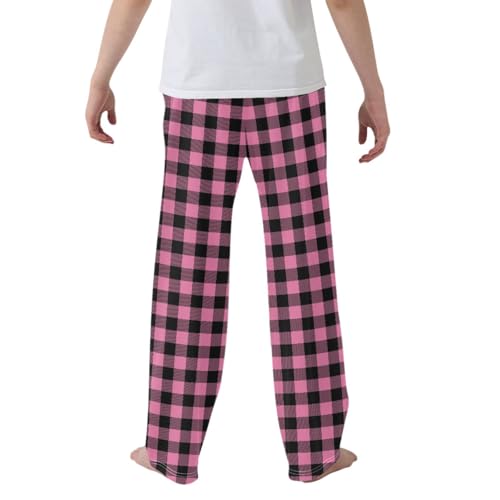 CaTaKu Boys Pink Buffalo Plaid Pants for Boys Girls Wide Leg Sweatpants Kids Long Bottoms with Pockets Size 6-14Y2