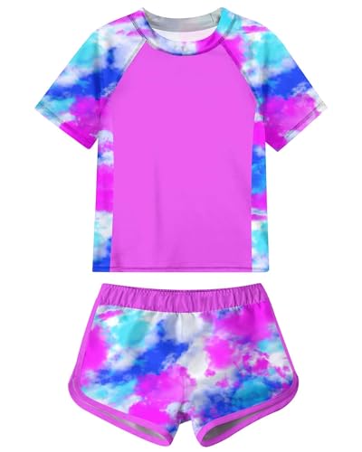 Idgreatim 13 14T Girls 2 Piece Bathing Suits Tie Dye Swimsuits with Short Fashion Quick Dry Rash Guard Swimwear