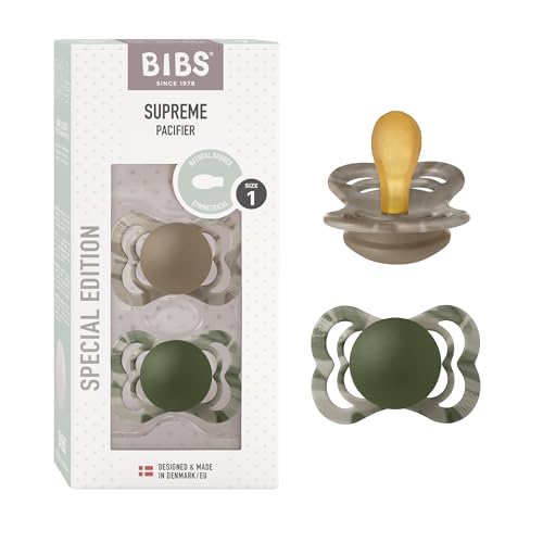 BIBS Supreme Camo Schnuller 2er-Pack, BPA-frei, Symmetrischer Nippel. Naturkautschuk/Latex, Hergestellt in Dänemark. 0-6 Monate (2er Pack), Camouflage Hunter Green/Sand