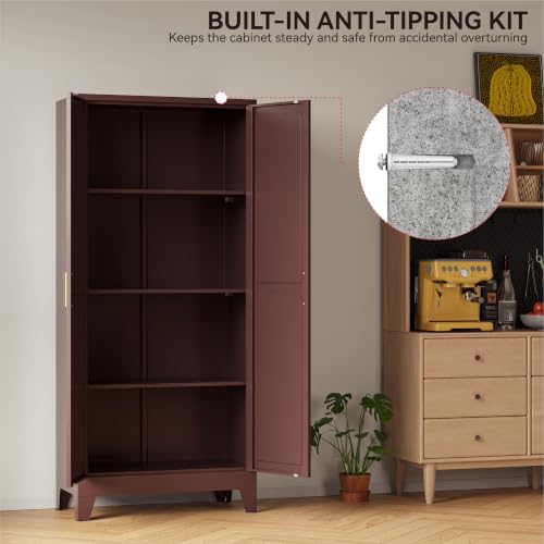 Image of COFaR 61 inch Metal Storage Cabinet with Doors and Adjustable Shelves, Tall Pantry Cabinet Freestanding Kitchen Pantry Storage Cabinet, Steel Cupboard for Bathroom, Living Room & Office, Reddish Brown