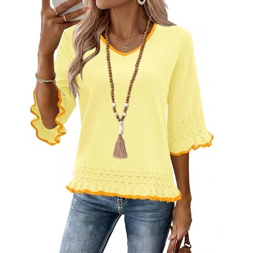 LOMON Womens Sweaters 3/4 Length Sleeve Womens Tops V Neck Peplum Sweater