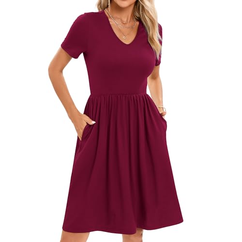 Image of Women's Spring Casual Short Sleeve A-Line Midi Loose Fit Teacher Dresses T-Shirt Flowy Work Travel Sundress with Pockets 2026