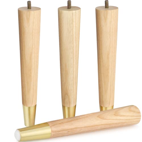 Ash Wood Furniture Legs With Gold Caps - Mid Century Legs For Sofa, Chair, Table, Dresser, Bed, Cabinet, Ottoman - Wooden Legs Are Easy To Install & Include Installation Hardware - Set Of 4, 12 Inches #TOP6