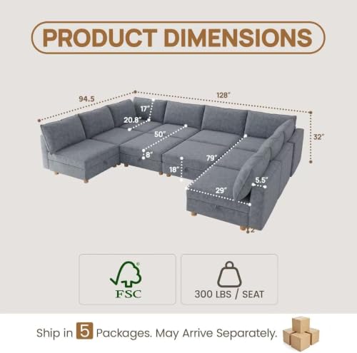 Image of 128 inch Chenille Modular Sofa Bed with Washable Covers & Storage, 10-Seater Modular Sectional Sleeper Sofa Bed with Movable Ottoman Chaise, Convertible Sleeper Sectional Couches for Living Room, Gray