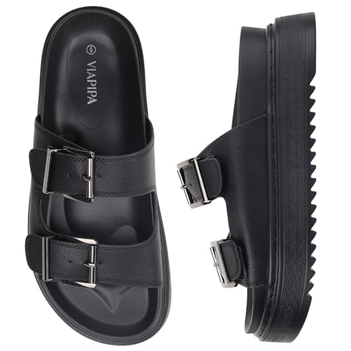 Chunky Platform Sandals for Women, Waterproof Non-Slip Rubber Sole, Adjustable Double Buckle, Arch Support Open Toe Slide Sandals, Comfortable Black Wedge Sandals for Women