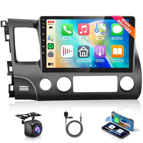 8 CORE 6G+128G Car Stereo Radio for Honda Civic 2006-2011 with Wireless CarPlay Android Auto, 10.1 Inch 1280 * 720P IPS Touch Screen Head Unit Android 13 GPS WiFi Bluetooth 32-Band DSP SWC HD Camera