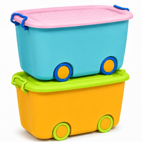 Image of Ash & Roh Multi color Storage Bins with Locking Lids | Collapsible Storage Box with Handle | Organizer Stackable Toy Storage Bins with Wheels | 25 lit Containers Organizing Storage Box. (Pack of 2.)