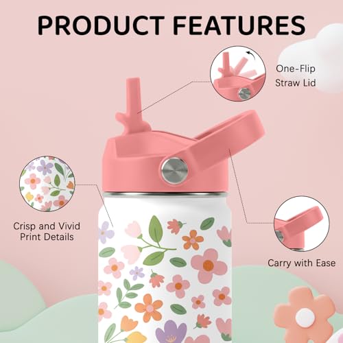 Image of Flower Water Bottle for Son & Daughter, Stainless Steel Insulated Tumbler with Straw Lid and Handle, 12oz Reusable Leak-Proof Bottle for Sports