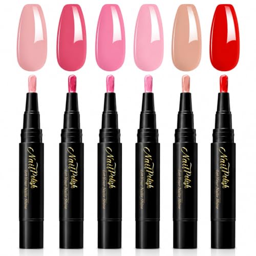 Lot de 6 stylos de vernis à ongles 3 en 1 à séchage rapide sans lampe UV, stylos à ongles à base d'eau, rose nude, rouge, 8 ml avec pinceau, pour nail art, séchage rapide