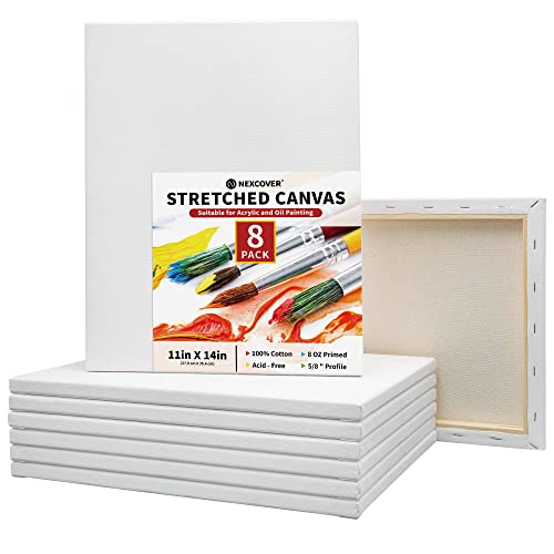 Nexcover Stretched Canvas - 8 Pack 11X14 Inch, 5/8” Profile, 100% Cotton Art Canvas, Triple Primed White Blank Canvases, Acid-Free, Artist Painting Canvas For Acrylic, Oil, Tempera, Gouache Paint #TOP7