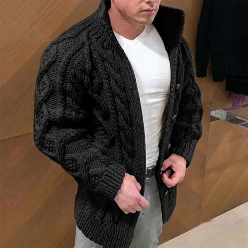 Men Chunky Cable Knit Cardigan Wool Blend Buttoned Sweater Shawl Collar Thick Warm Pullover3