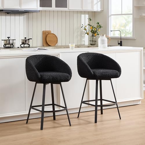 Image of Zesthouse 26'' Modern Counter Height Bar Stools Set of 3, Swivel Barstools with Arms & Backs for Kitchen Counter, Upholstered Black Sherpa Fabric Bar Stools, Kitchen Island Chairs with Metal Legs