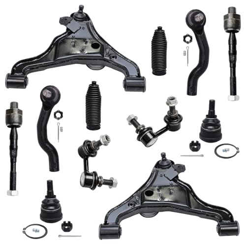 Image of Detroit Axle - 12pc Front End Suspension Kit for 2005-2018 Nissan Frontier, 2005-2012 Pathfinder, 2005-2015 Xterra, Lower Control Arms Upper Ball Joints Tie Rods Sway Bars Boots Replacement