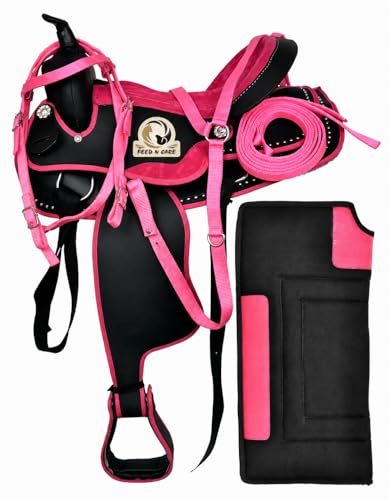 FEED N CARE Western Trail Saddle Set for Pony, Youth & Adult Riders with Matching Tack & Saddle Pad, Lightweight Synthetic Western Saddle, 10-18 Inch (Baby Pink, 16' Inch Seat)