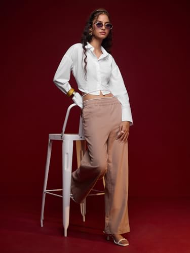 Image of The Souled Store Cropped Shirt: Ivory Women and Girls Long Sleeves Collared Neck Button Front Solid White Cotton Oversized Fit Lightweight Cropped Tops