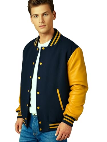 Image of Deckra Men's Varsity Jacket Genuine Leather Sleeve and Wool Blend Letterman Boys College Varsity Jackets XS-5XL