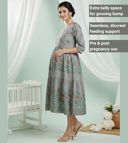 Image of DUMMY SHAPE Feeding Kurtis for Women Cotton Blend | Printed Pregnancy Flare Kurta with Dual Nursing Zippers to Pre & Post Partum | Maternity Dresses | Gifts for Pregnant Woman