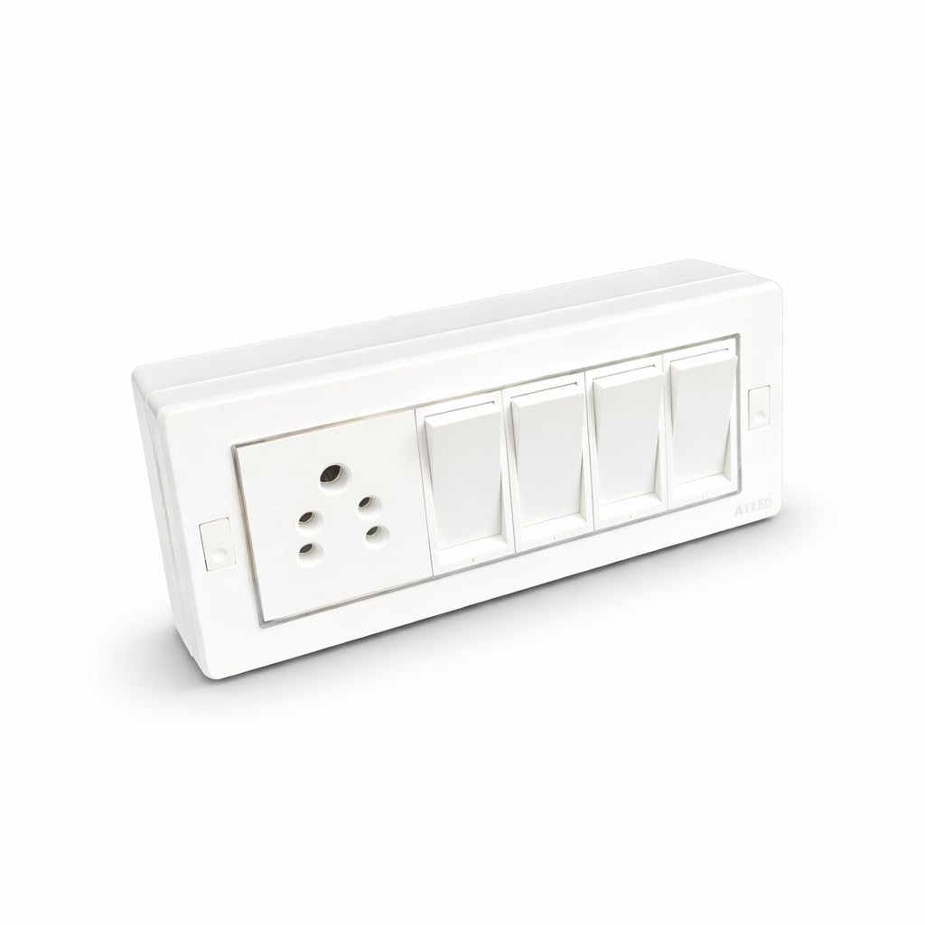 6 Gang Modular Surface Mount Switch Board Silver Finish 10A – 4 Flat Switches + 6A Socket | Wall Mount Electrical Board