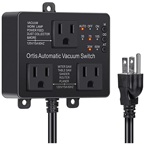 Automatic Vacuum Switch with Extra Outlet for Using More Power Tools, Ortis Dust Control Autoswitch Delay Vacuum On/Off to Prevent Circuit Overload and Tripping, Adjustable Actuation Threshold, Black Cover