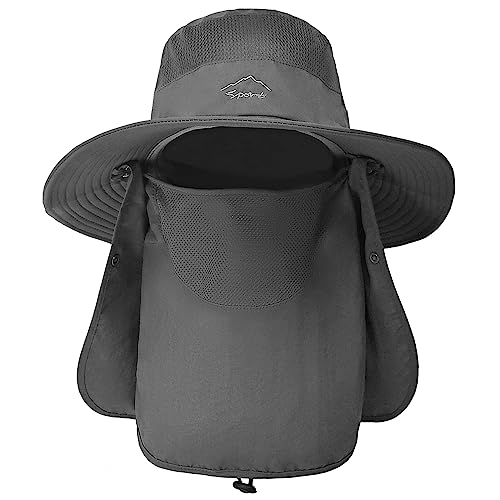 TAGVO Wide Brim Sun Hat with Detachable Neck Face Flap, Outdoor UPF 50+ Protection Fishing Hats, Camping Hiking Walking Travel Sun Bucket Hats Foldable Sun Caps – Adjustable Chin Strap