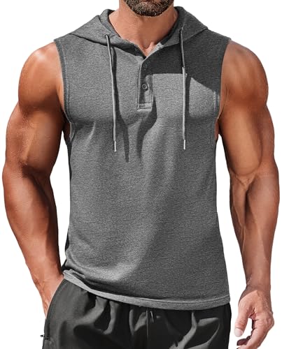 COOFANDY Men's Workout Hooded Tank Tops Sleeveless Gym Hoodies Cotton Muscle Cut Off Shirt Bodybuilding Henley Shirts