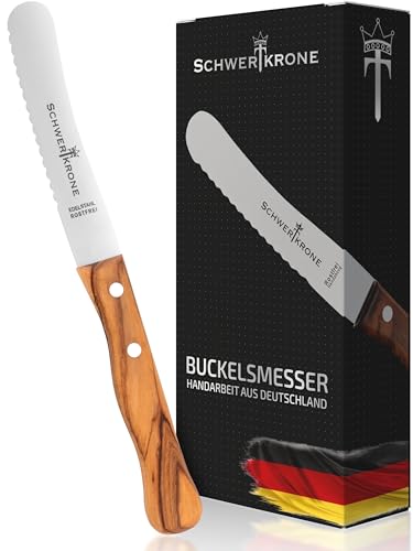 Schwertkrone® Buckelsmesser Wellenschliff [MADE IN GERMANY] - Wellenschliffmesser Olivenholzgriff - Tafel Messer mit Wellenschliff - Brötchenmesser - Messer mit Holzgriff - Brotzeitmesser