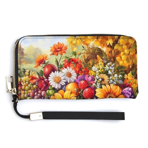 Flowers Fruits Basket Harvest PU Leather Clutch Long Bifold Wallet, Coin Purse Credit Pass Case, Durable Card-Holder Money Storage for Women Men