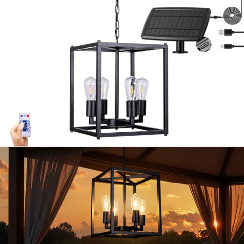 ALL FORTUNE Solar Chandelier Outdoor, 14" Farmhouse Waterproof Dimmable Hanging Pendant Lights for Gazebo, Pergola, Canopy Decor