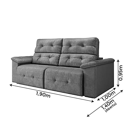 Sofá Retrátil Reclinável 1,95m Cama 3 Lugares Marrocos Cinza Suede