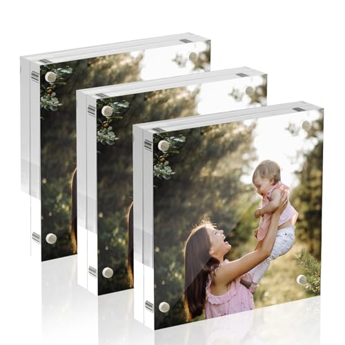 Smiaria 4x4 Acrylic Picture Frames 20mm Thick Clear Frameless Magnetic Photo Frames Double Sided Transparent Square Frame Gift for Desktop Display(3 Pack)