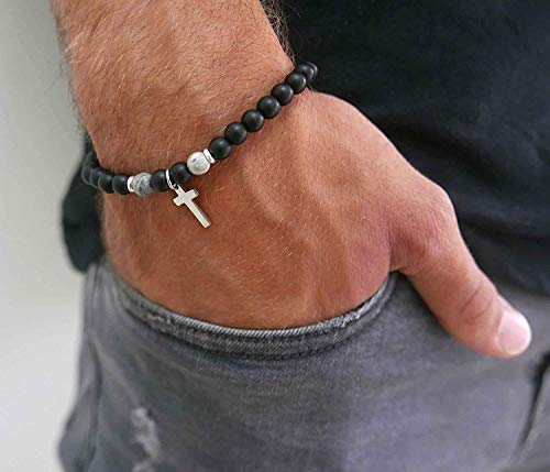 Stretch Bracelet For Men Set With Onyx Gemstone Beads And Stainless Steel Cross Pendant - Cross Bracelet For Men - Beaded Bracelet For Men - Fit 7" (18 Cm) Wrist Size #TOP2
