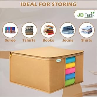 JD FRESH 1 Pc Non-Woven Saree Covers/Storage Bags with Zip Cover/Space Saving Bag with Transparent Window/Wardrobe-Cupboard Organizer for Clothes/Bedsheets/Lehengas(17 X 14 x 6.5 Inch/Orange)