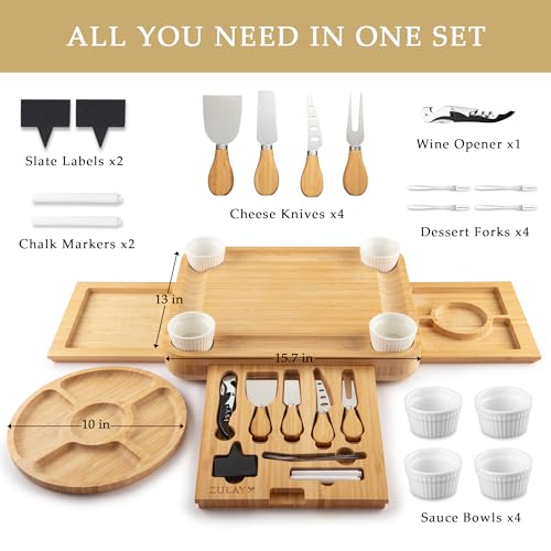 Image of Zulay Charcuterie Board Set Extra Large - Great White Elephant Gift, Housewarming Gift for New Home, Bamboo Cheese Board - Charcuterie with Accessories, Wine and Cheese