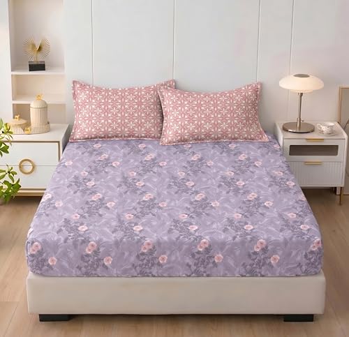 Image of HOMEKART Cotton Contrast Fitted Bedsheet for King Size Bed 72x72+10 Inch with 2 Pillow Covers 17x27 Inch | All Round Elastic | TC 144 Soft, Breathable Floral Printed Bedsheet (Lavender Mist)