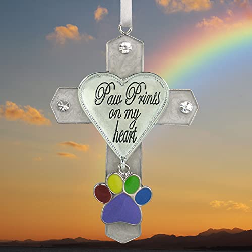 Banberry Designs Paw Prints On My Heart Cross Jeweled Memorial Ornament With Rainbow Colored Paw Charm In Memory Of A Lost Pet 3" H #TOP3