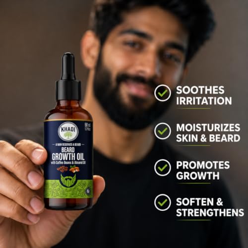 Image of Khadi Organic Beard Growth Oil with Coffee Beans & Almond Oil for Men | Fast Absorption, Non-Sticky & Nourishes Patchy Beard | 50 ML