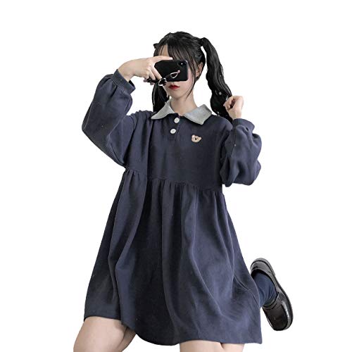 Packitcute Teen Girls Cute Dress Long Sleeve Lolita Casual Plus Size Comfy A-Line Dresses (Navy Blue)