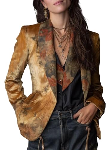 Women's Vintage-Style Lapel Printed Pattern Elegant Single-Breasted Blazer for The Office. (Yellow,X-Large)