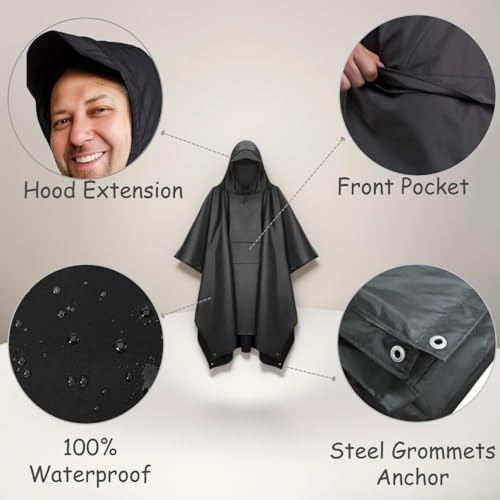 Urby Plus Size Black Rain Poncho with Hood for Outdoor Adventures, Large-XXL - Image 5