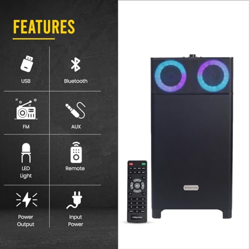 Image of Boombox Tower Speaker with Wireless Mic, 80 W, LED Lights, FM Radio, USB, AUX, Bluetooth, Karaoke, Remote Control (Black)