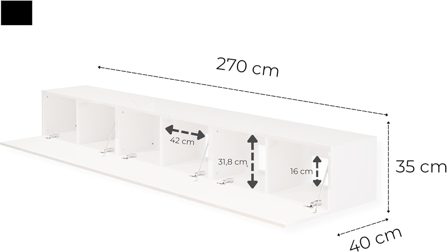 Wohnwand Weiß Full Hochglanz TV Lowboard 270 cm Hängeschrank TV Board Hängend Schrank Fernsehschrank TV Bank Wohnzimmer Möbel Modern Wandschrank