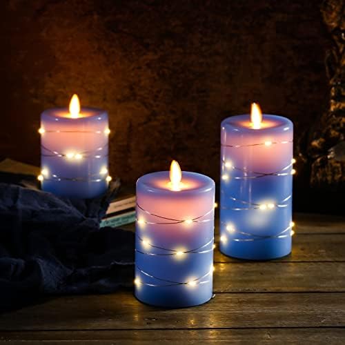 Flameless Candles 360 Degree Viewing Angle, with Starry String Lights, 3-Pack Fairy String Lights LED Candles, with 10-Key Remote Control, 24-Hour Timer Function, Dancing Flame, Real Wax(Blue).