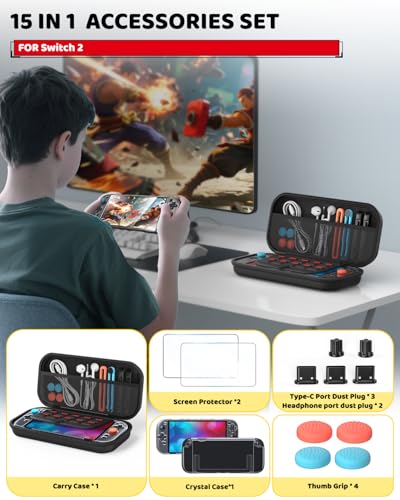 Image of Switch 2 Accessories Bundle for Nintendo Switch 2 2025(All in One Case Kit) | Portable Hard Shell Slim Case with Crystals Protective Cover kit, 2 HD Screen Protectors (7.9 Inch),Dust Plugs, 4 Thumb Grips