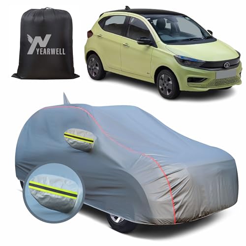 Image of Car Body Cover for Tata Tiago EV, 100% Waterproof, Heat-Resistant with Mirror & Antenna Pockets, Soft Cotton Lining, Triple Stitched, Green Reflector (Metallic Grey)