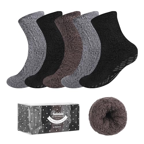 Image of Bulinlulu Fuzzy Socks With Grips for Women, 5 Pairs Non Slip Sleep Warm Fluffy Slipper Socks Gifts for Women