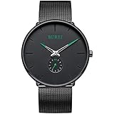 BUREI Herrenuhr Einfach ultradünn Schwarz Large Face Analog Unisex Quarz Armbanduhr Grüne-Zeiger mit schwarzem Edelstahl Band